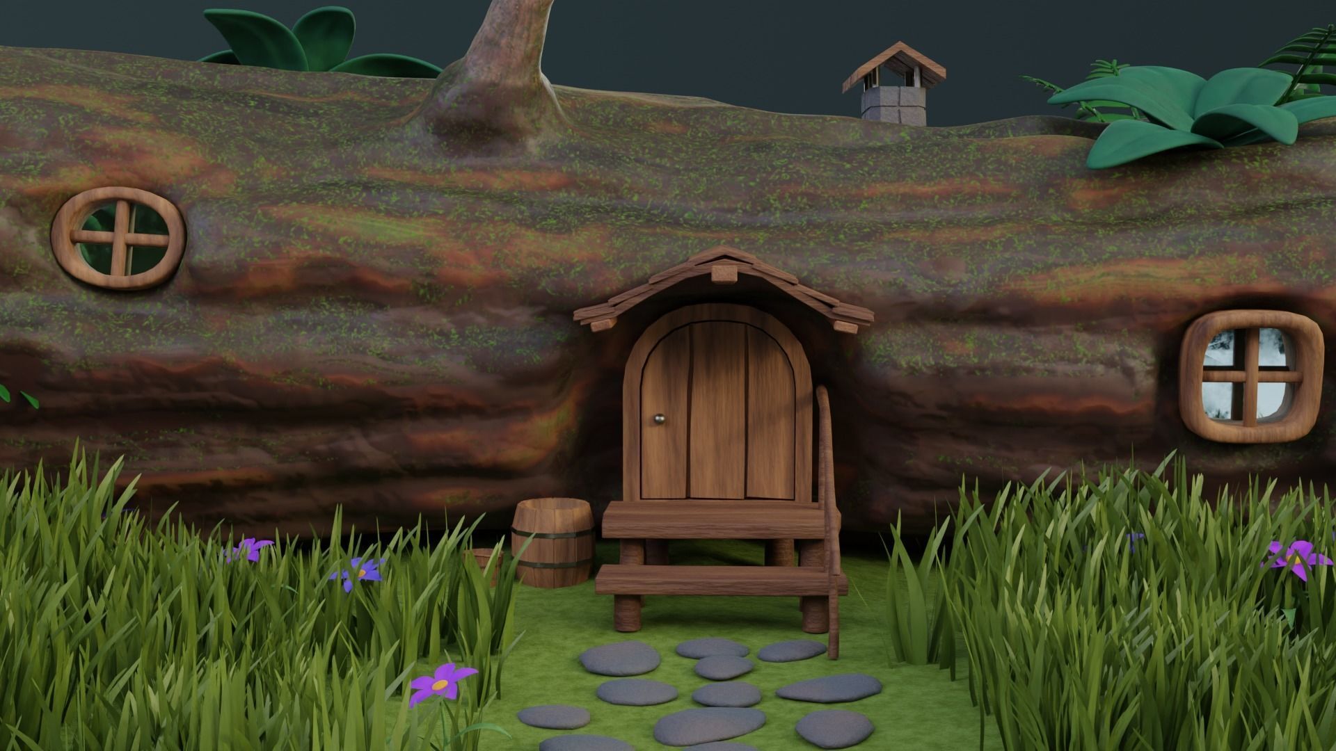 Cartoon Log House Low-poly 3D model_9