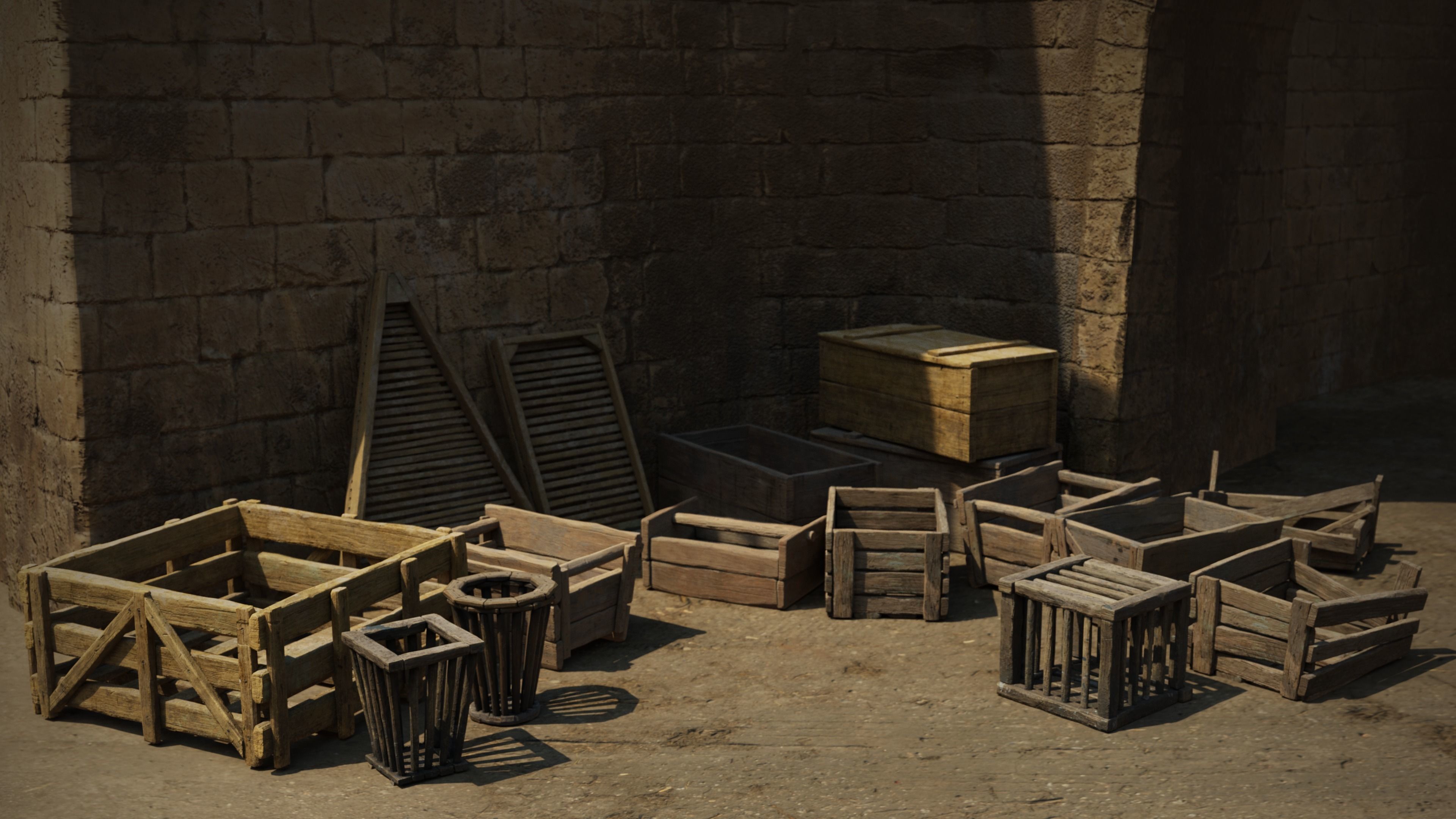 Medieval wooden crate with handle Low-poly 3D model_3
