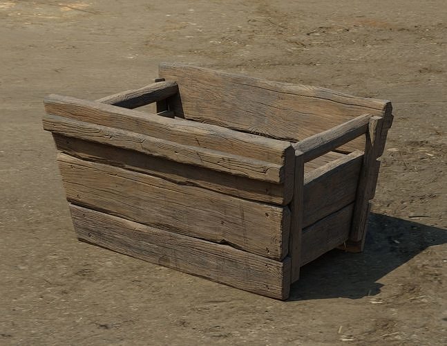 Medieval trapezoid-shaped wooden crate with handles Low-poly 3D model