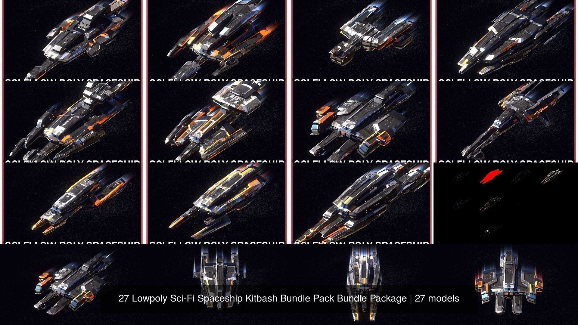 27 Lowpoly Sci-Fi Spaceship Kitbash Bundle Pack Bundle Package 3D Model Collection_2