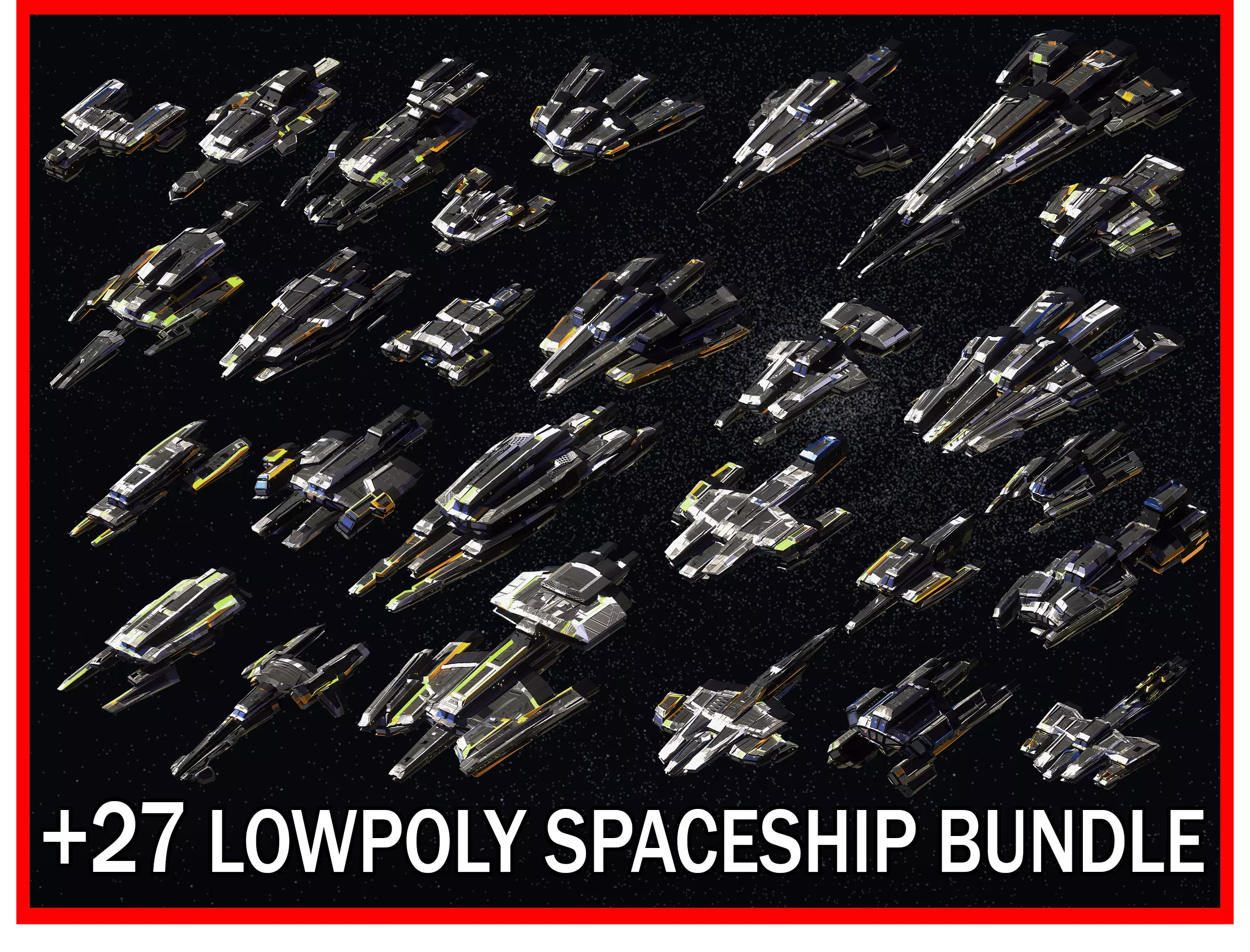 27 Lowpoly Sci-Fi Spaceship Kitbash Bundle Pack Bundle Package 3D Model Collection_0