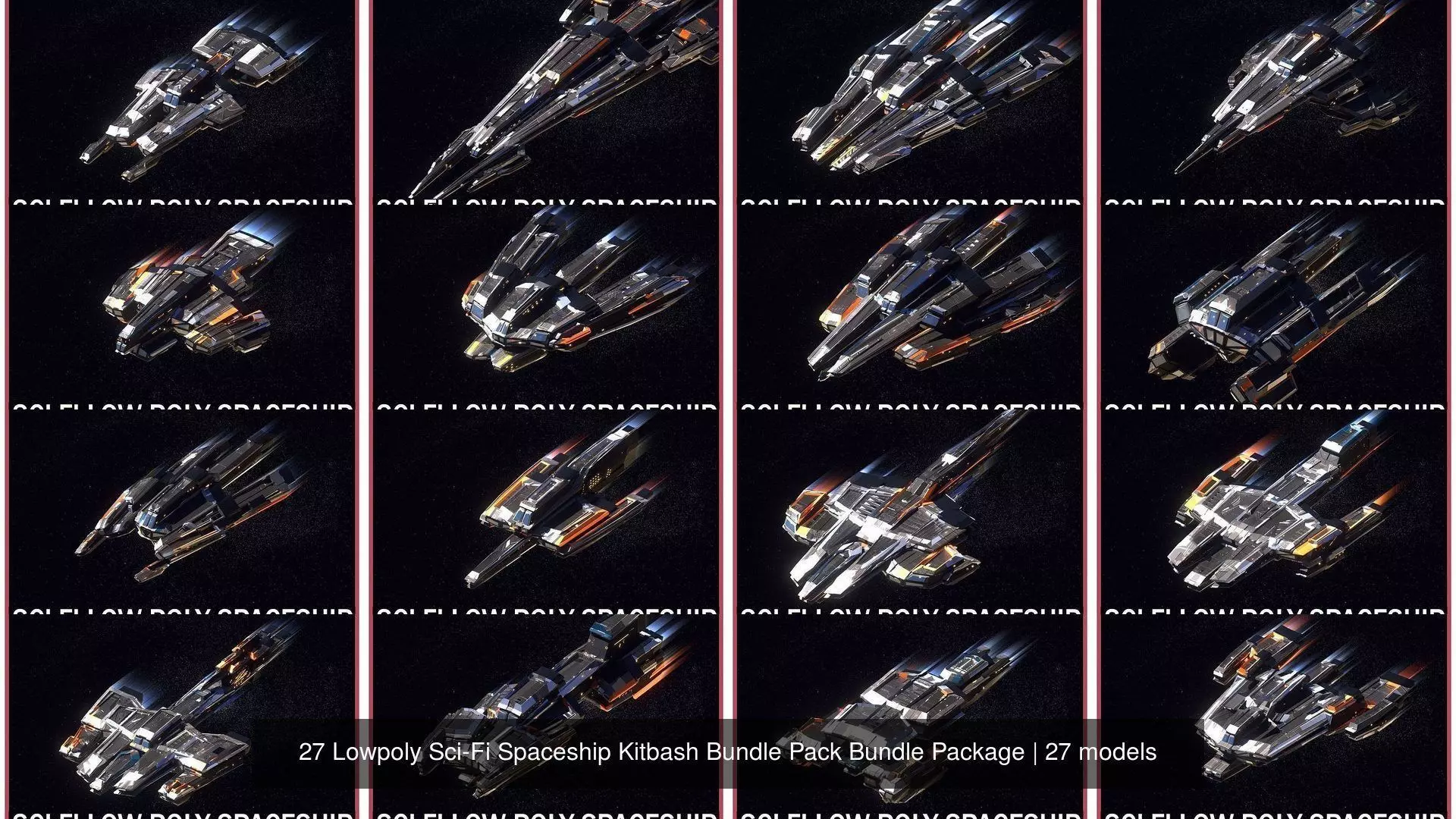 27 Lowpoly Sci-Fi Spaceship Kitbash Bundle Pack Bundle Package 3D Model Collection_1