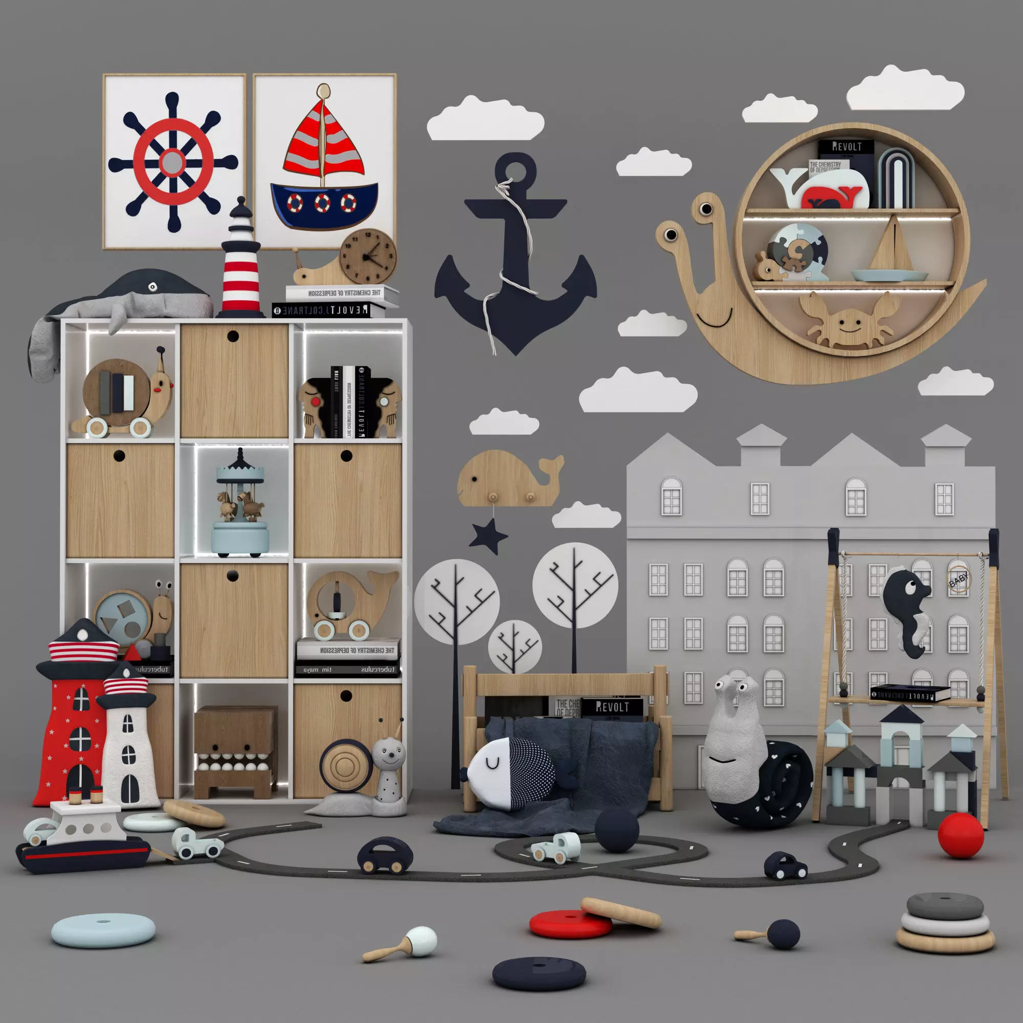 toys and furniture set Low-poly 3D model_0