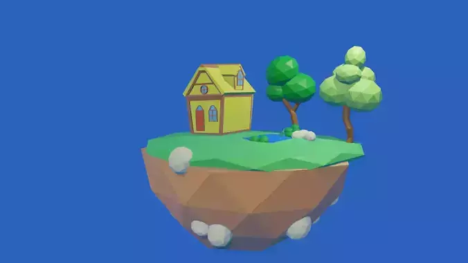 A low poly lanndfill island with house and trees