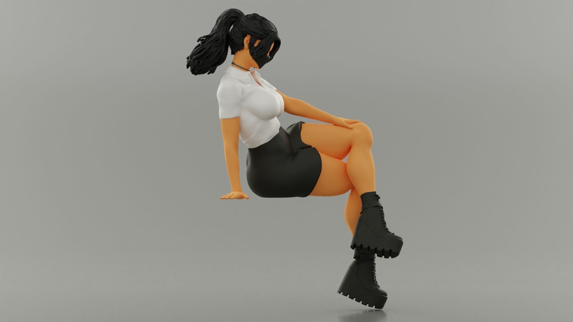 Beautiful Young Girl In A Mask Sitting on a Bench 3D print model_2