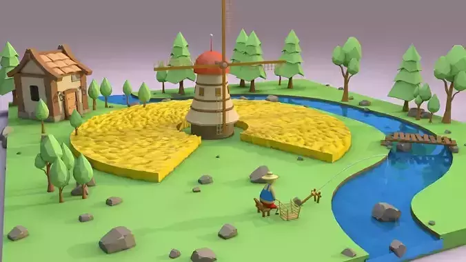 Village with windmill Low-poly 3D model
