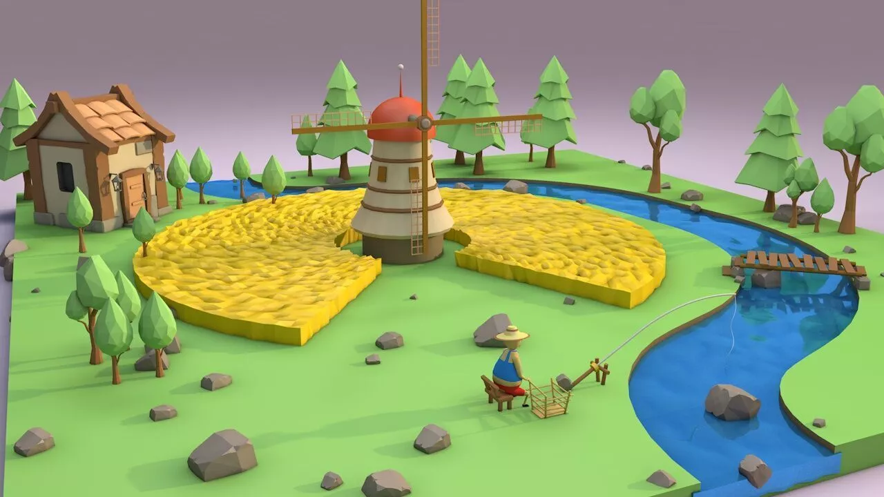 Village with windmill Low-poly 3D model