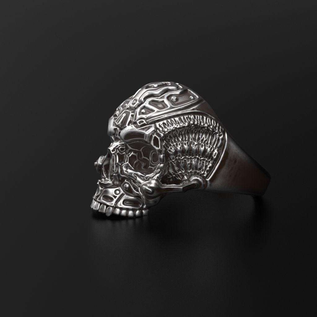Biomechanical Skull Ring STL 3D print model_16