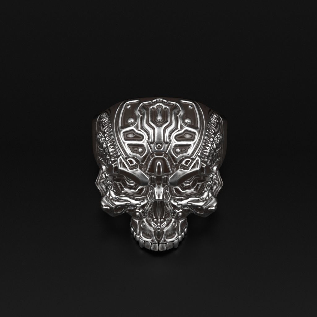 Biomechanical Skull Ring STL 3D print model_14