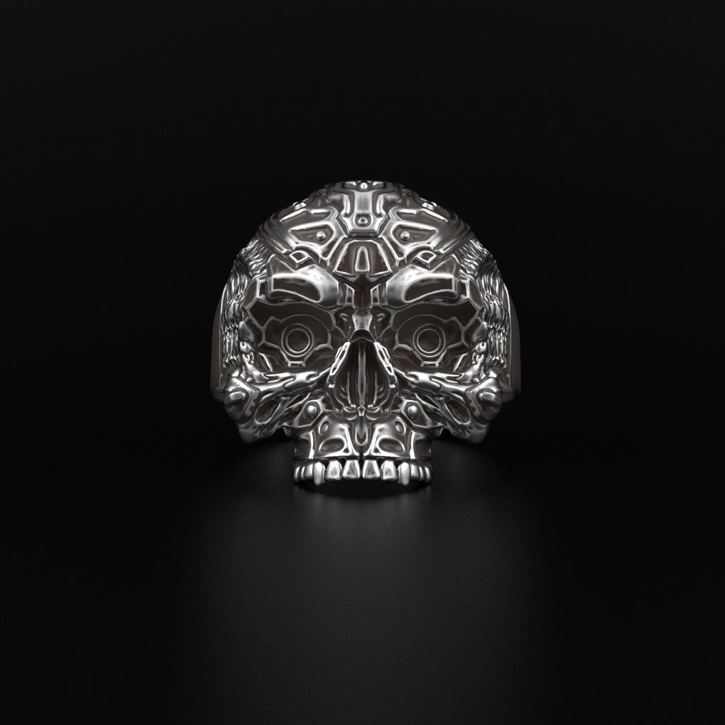 Biomechanical Skull Ring STL 3D print model_1