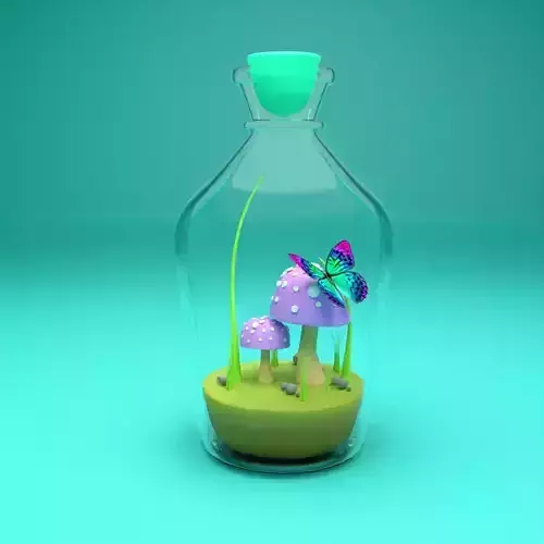 Mushrooms and Rigged Animation Butterfly in Bottle 3D Model