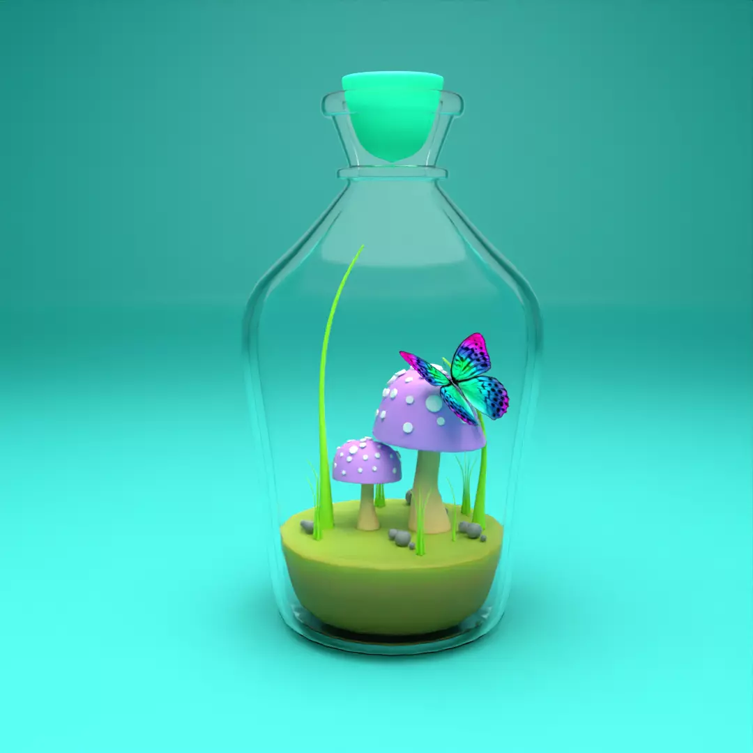 Mushrooms and Rigged Animation Butterfly in Bottle 3D Model 3D model_0