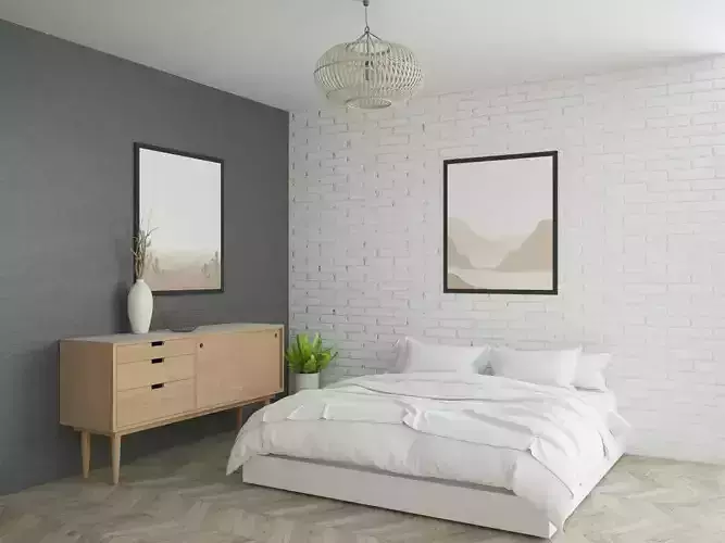 Empty room with black deocrative wall and loft style window 3D model