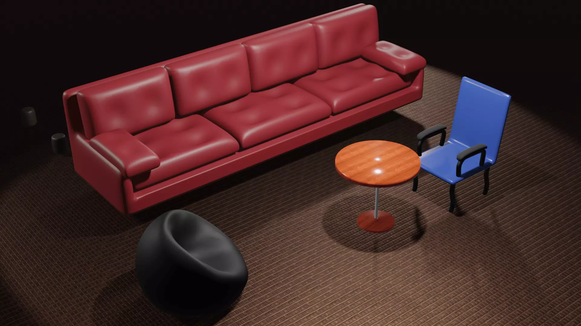 Household Furniture Red Sofa Blue Chair Bean Bag and Table 3D model