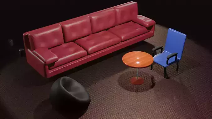 Household Furniture Red Sofa Blue Chair Bean Bag and Table