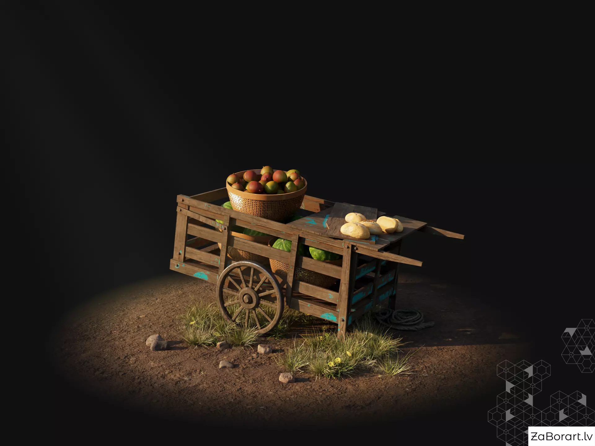 medieval cart Low-poly 3D model_0