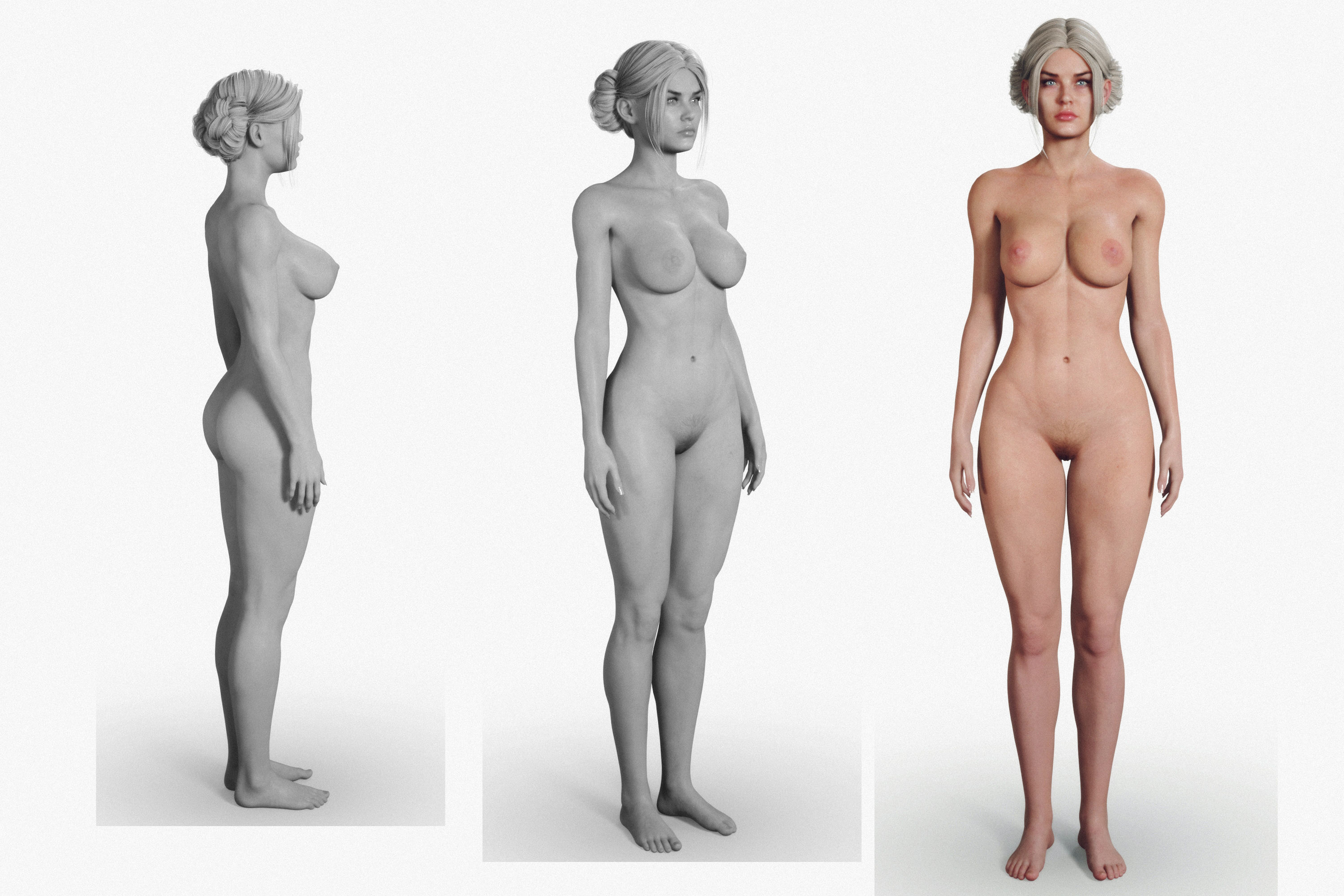 Naked Fitness Blonde Woman with Tied Hair  3D model_12