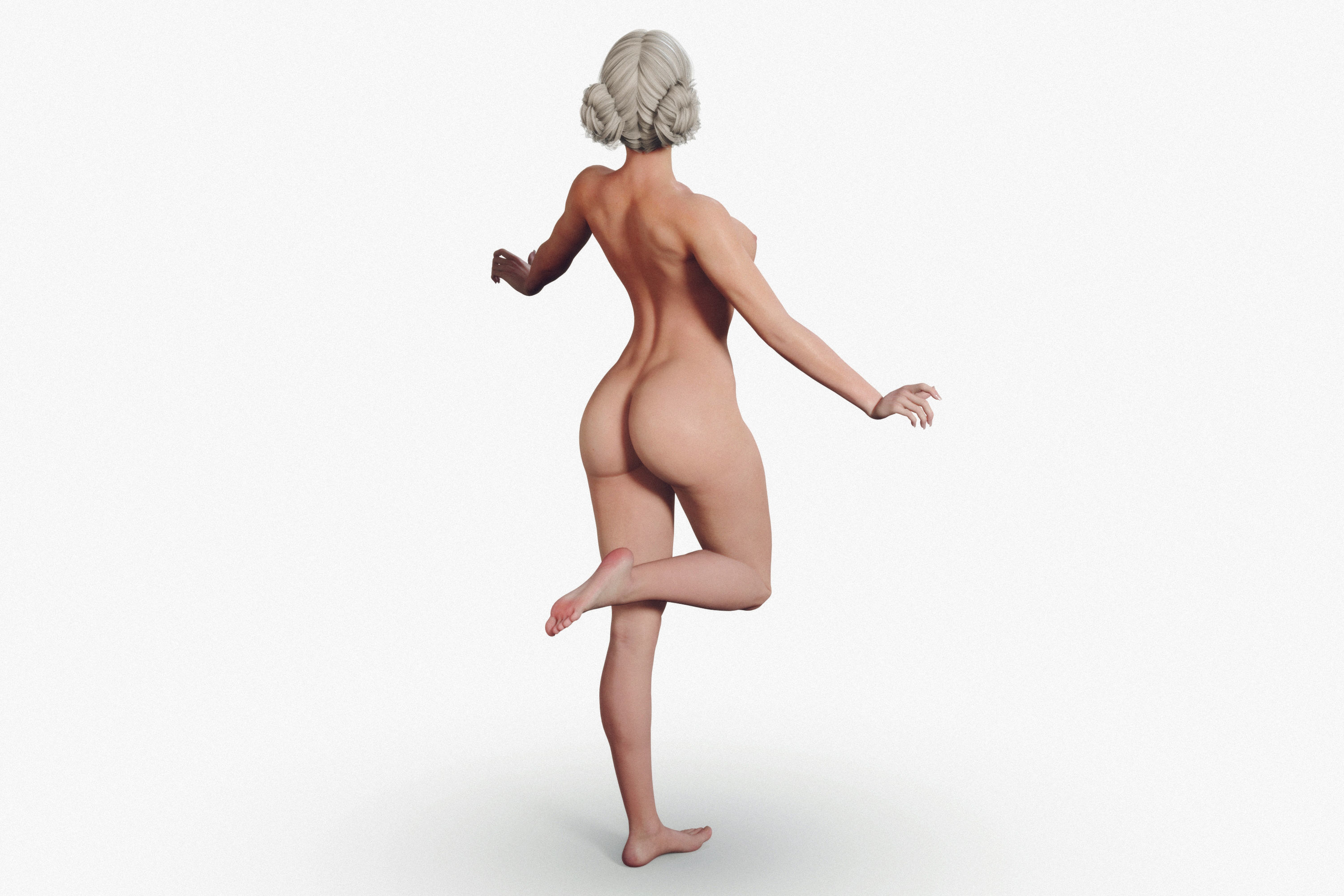 Naked Fitness Blonde Woman with Tied Hair  3D model_3
