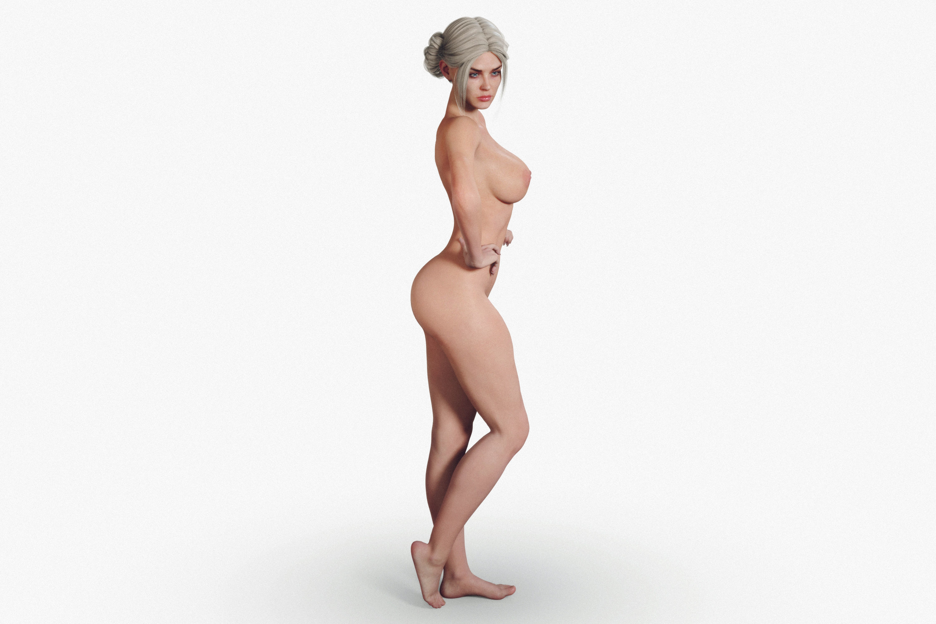 Naked Fitness Blonde Woman with Tied Hair  3D model_17