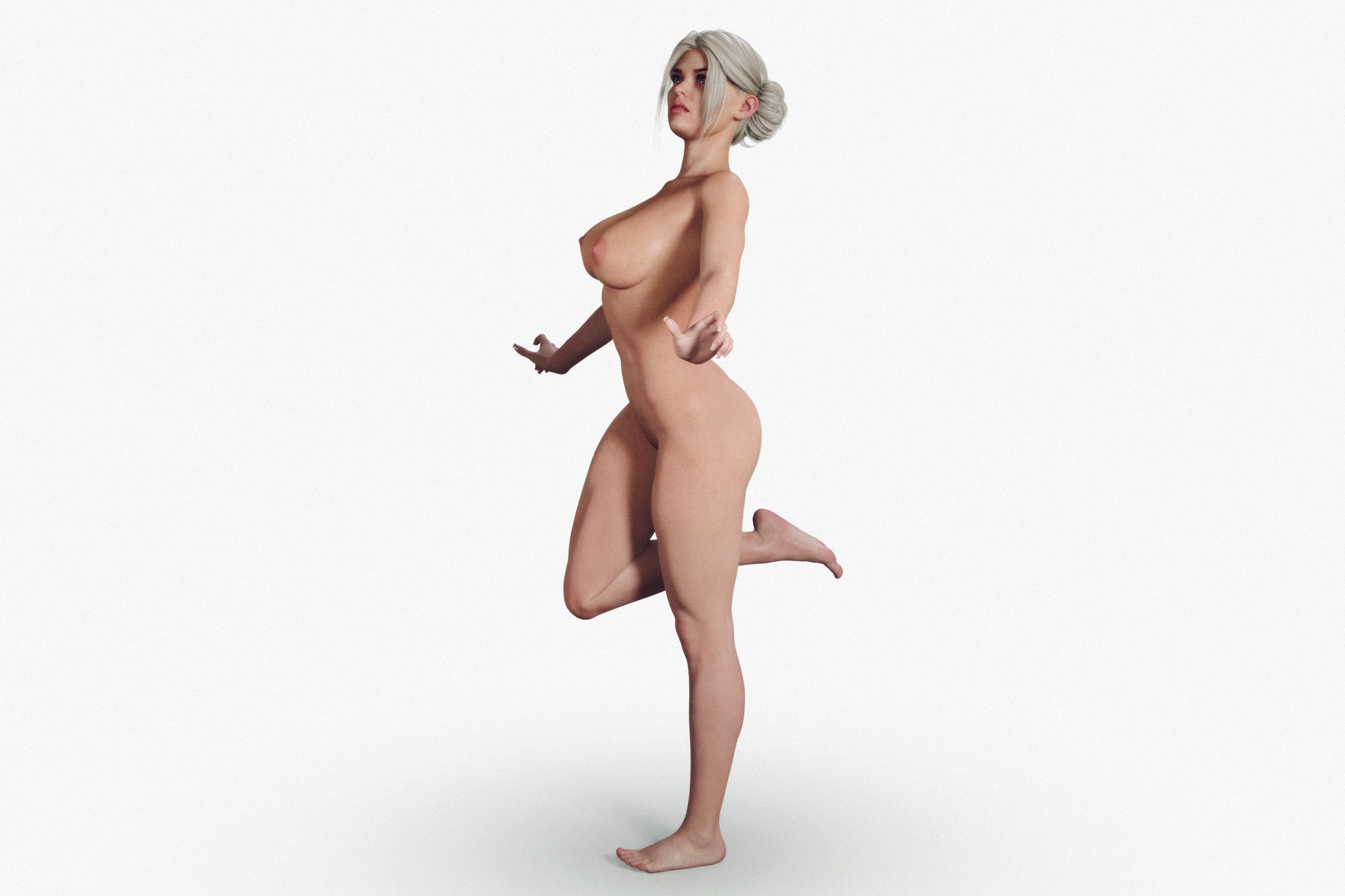 Naked Fitness Blonde Woman with Tied Hair  3D model_2