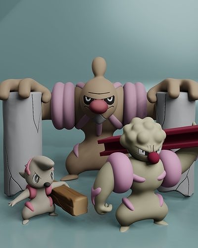 Pokemon - Timburr Gurdurr and Conkeldurr 3D print model
