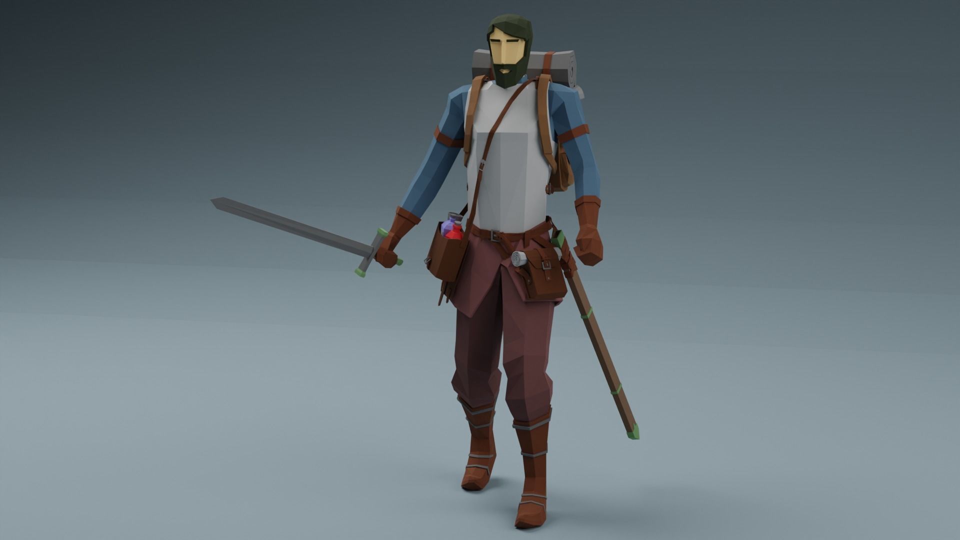 Low Poly Adventurer animated character holding sword Free low-poly 3D model_1
