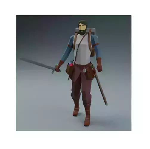 Low Poly Adventurer animated character holding sword Free low-poly 3D model