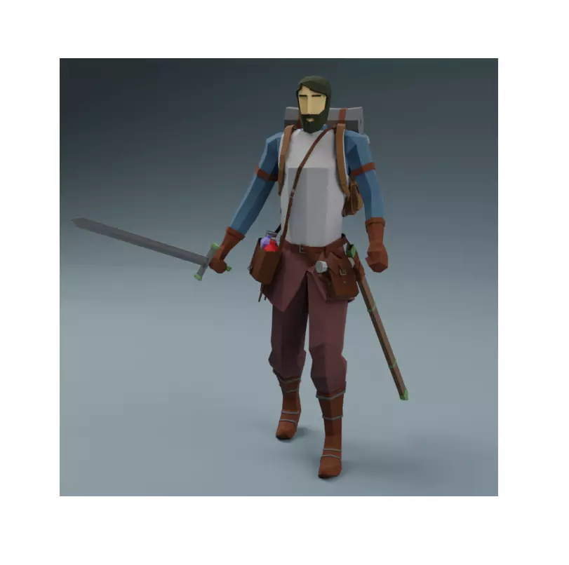 Low Poly Adventurer animated character holding sword Free low-poly 3D model_0