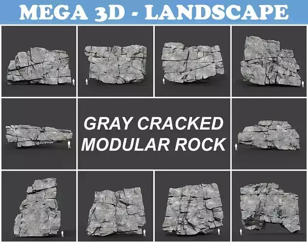 Low poly Gray Cracked Modular Rock 220106 Low-poly 3D model