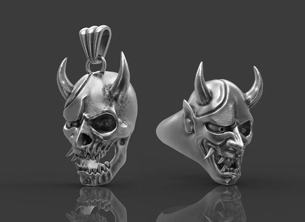Ring Pendant Oni Skull 3D print model_0