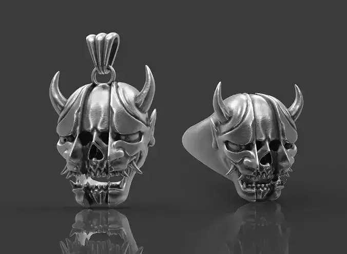 Ring Pendant Oni Skull
