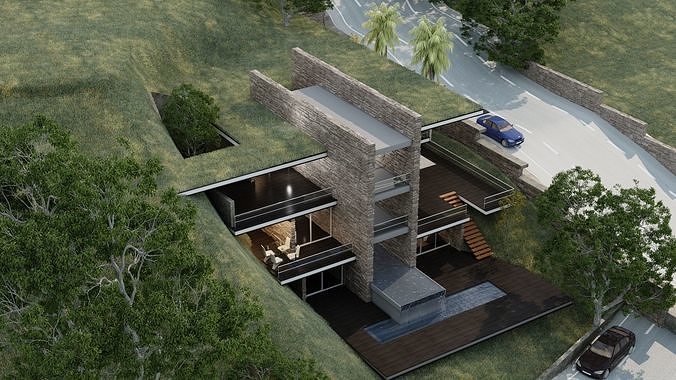 Mountain cliff house villa modern architecture 3D model