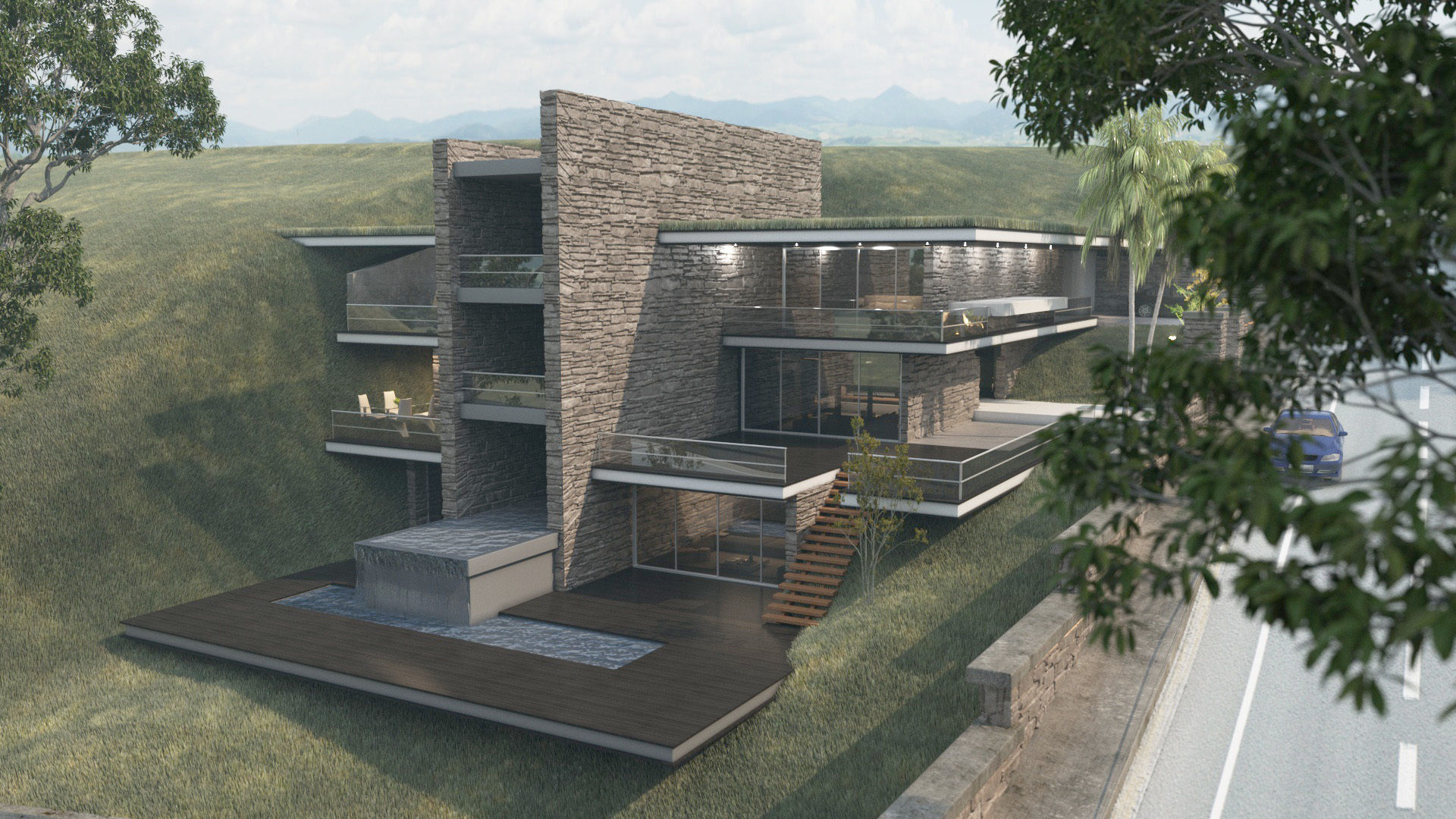 Mountain cliff house villa modern architecture 3D model_6