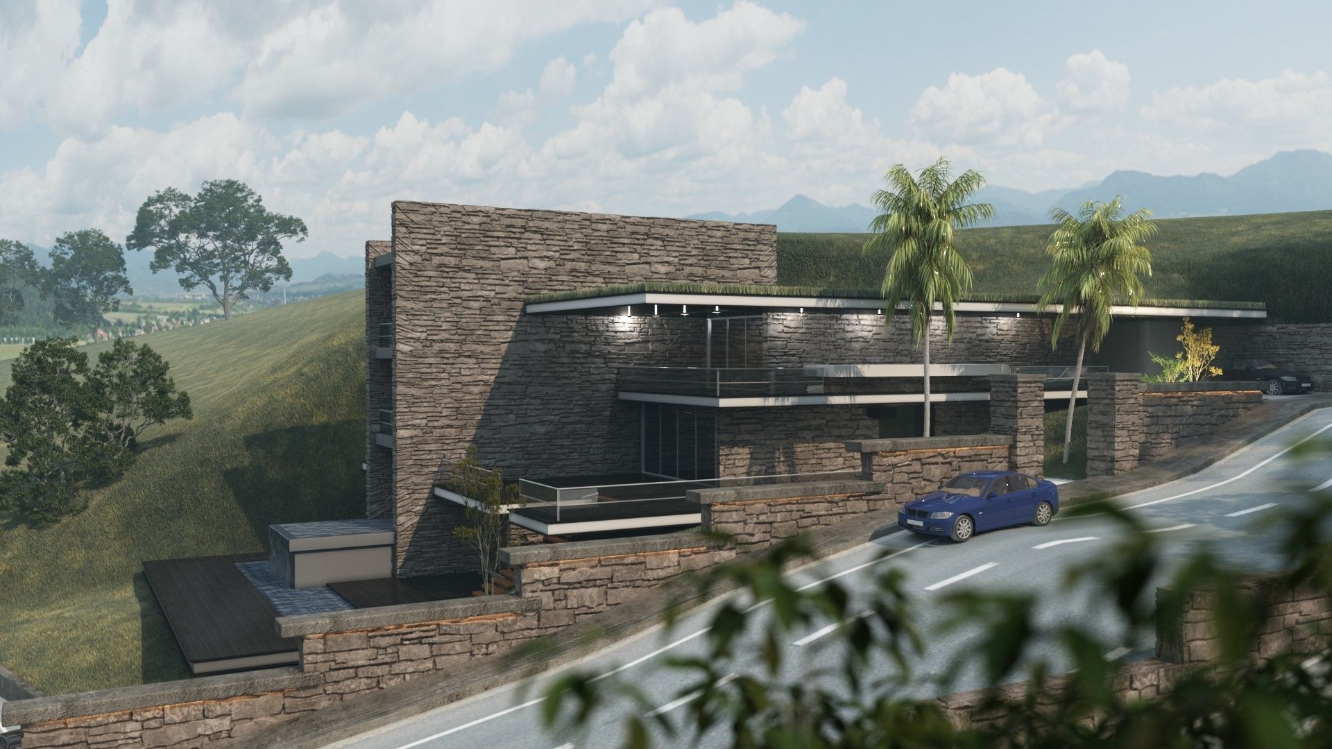 Mountain cliff house villa modern architecture 3D model_10