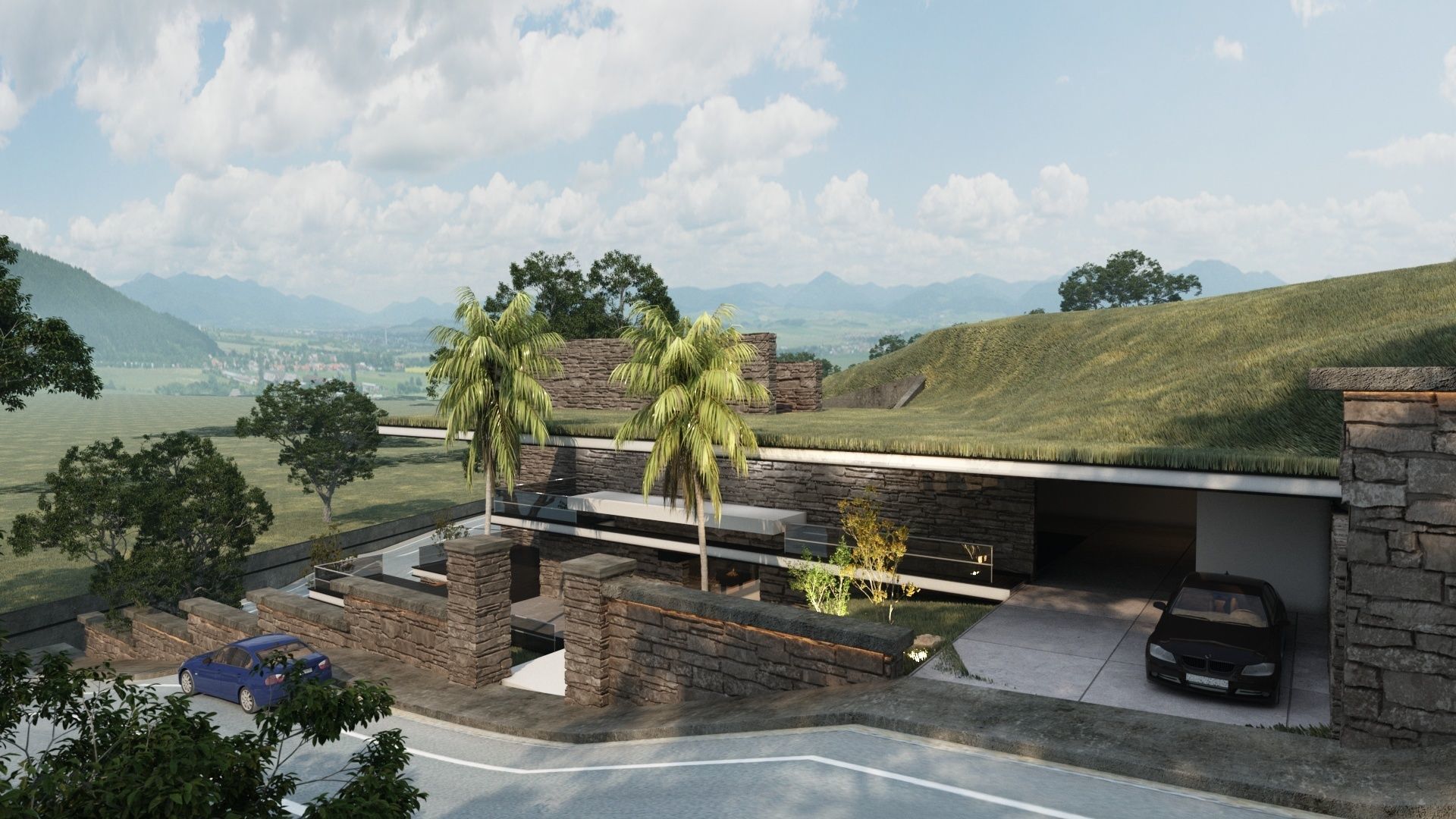 Mountain cliff house villa modern architecture 3D model_1