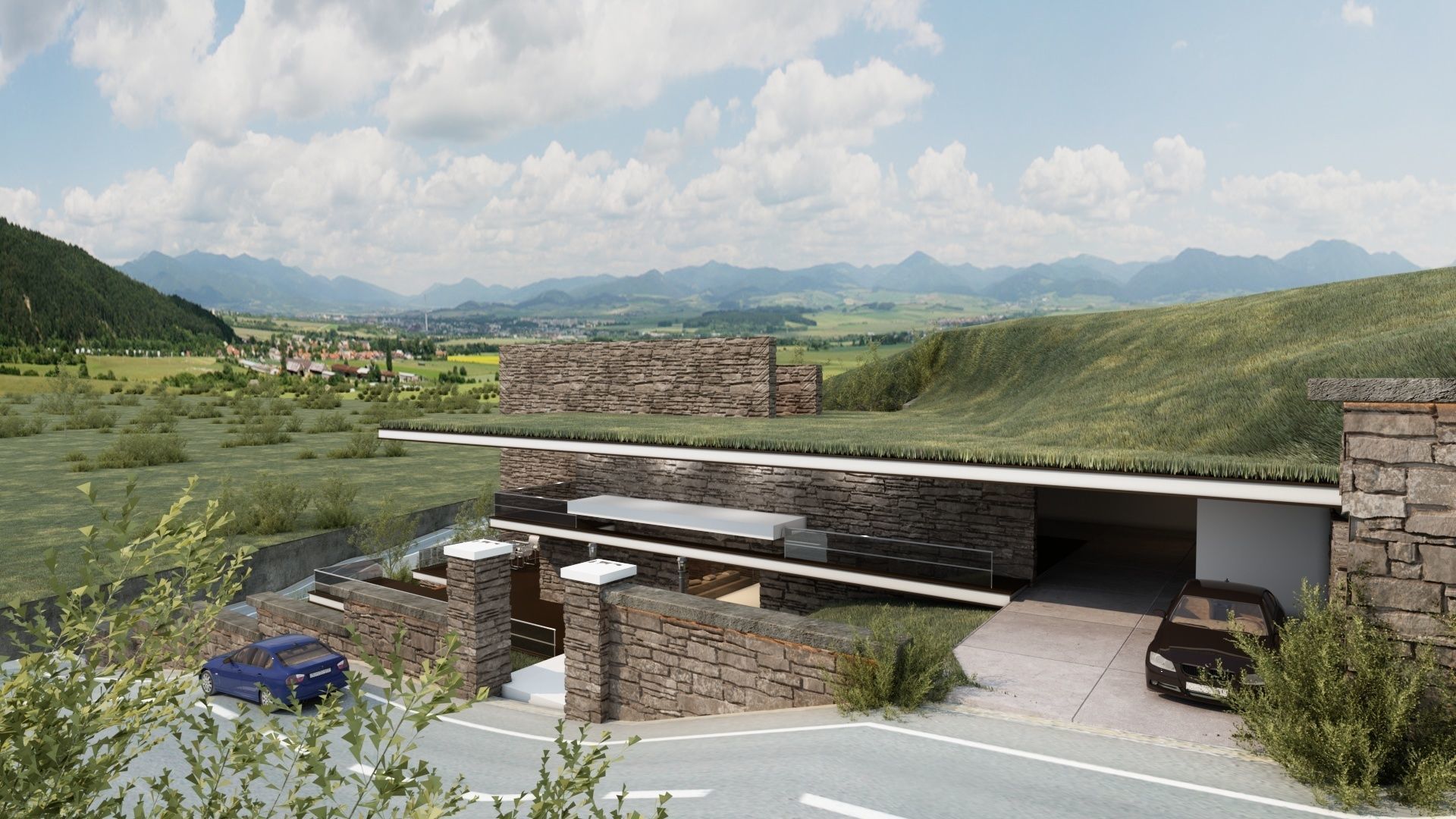 Mountain cliff house villa modern architecture 3D model_2