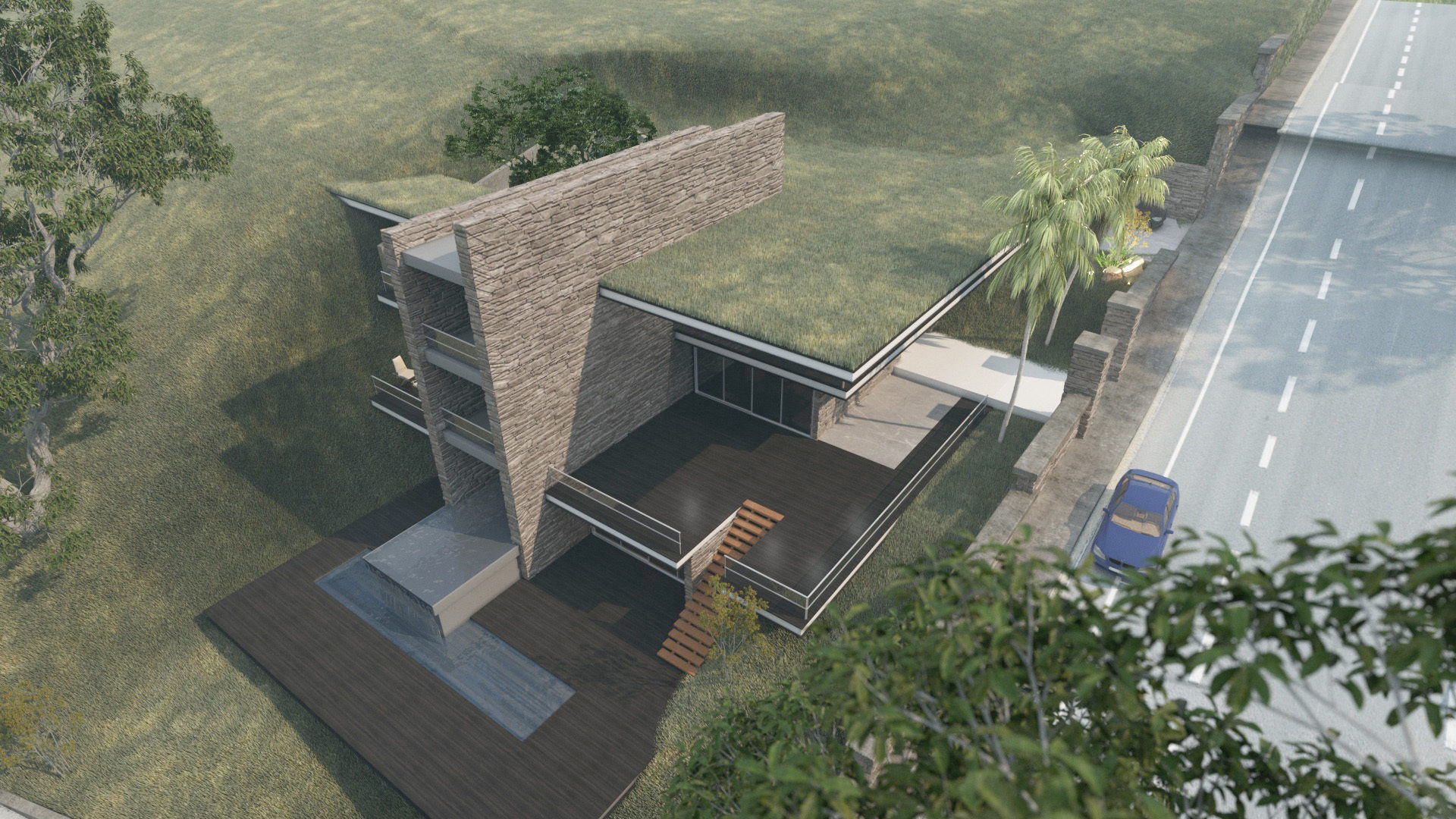 Mountain cliff house villa modern architecture 3D model_5