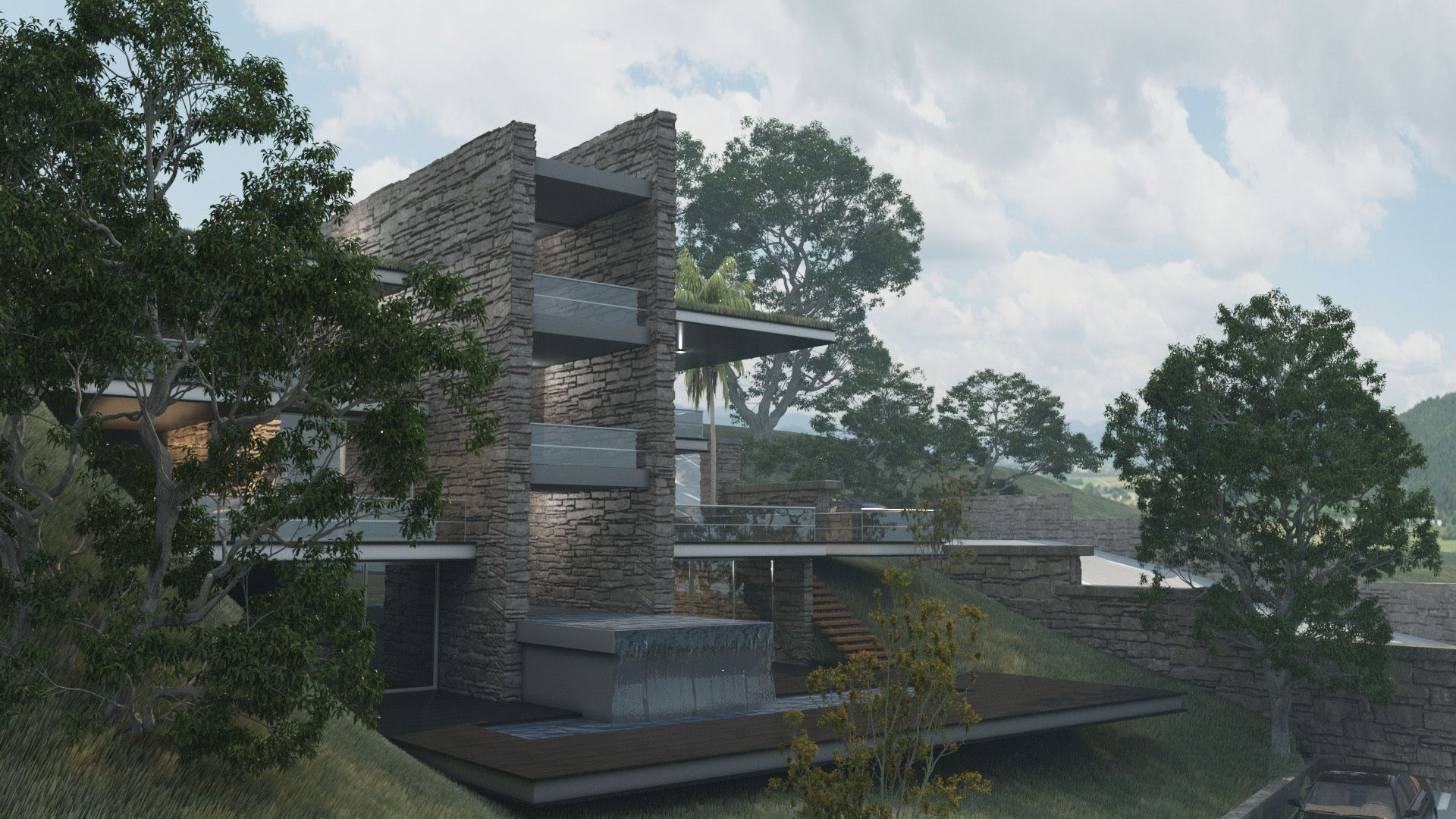 Mountain cliff house villa modern architecture 3D model_12
