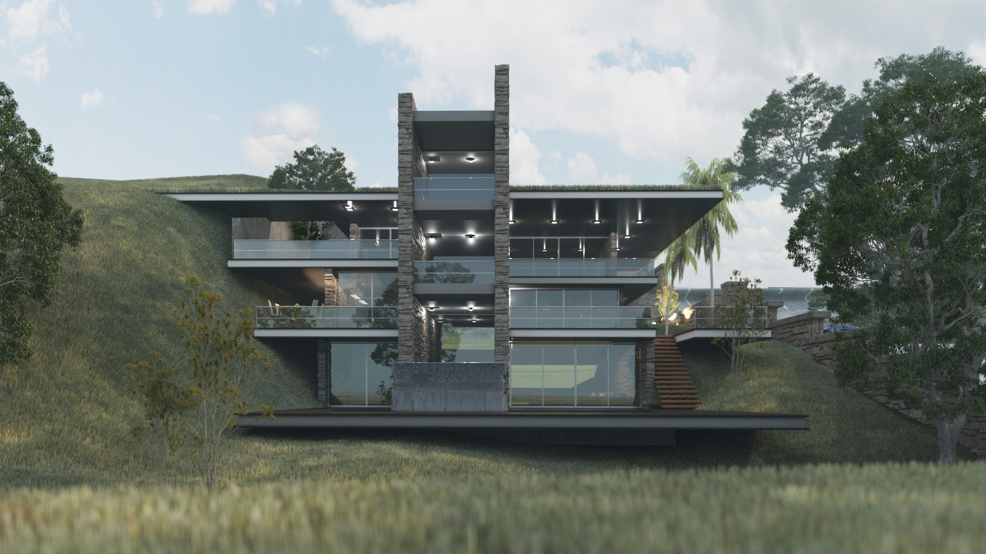 Mountain cliff house villa modern architecture 3D model_13