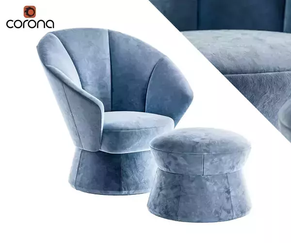 Round suede armchair with round ottoman 3D model