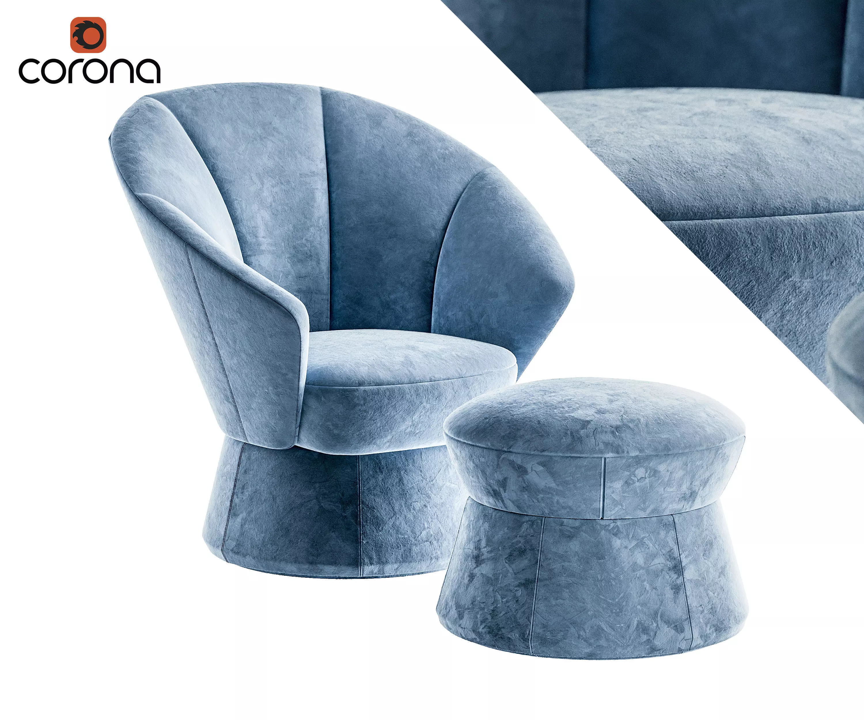 Round suede armchair with round ottoman 3D model_0