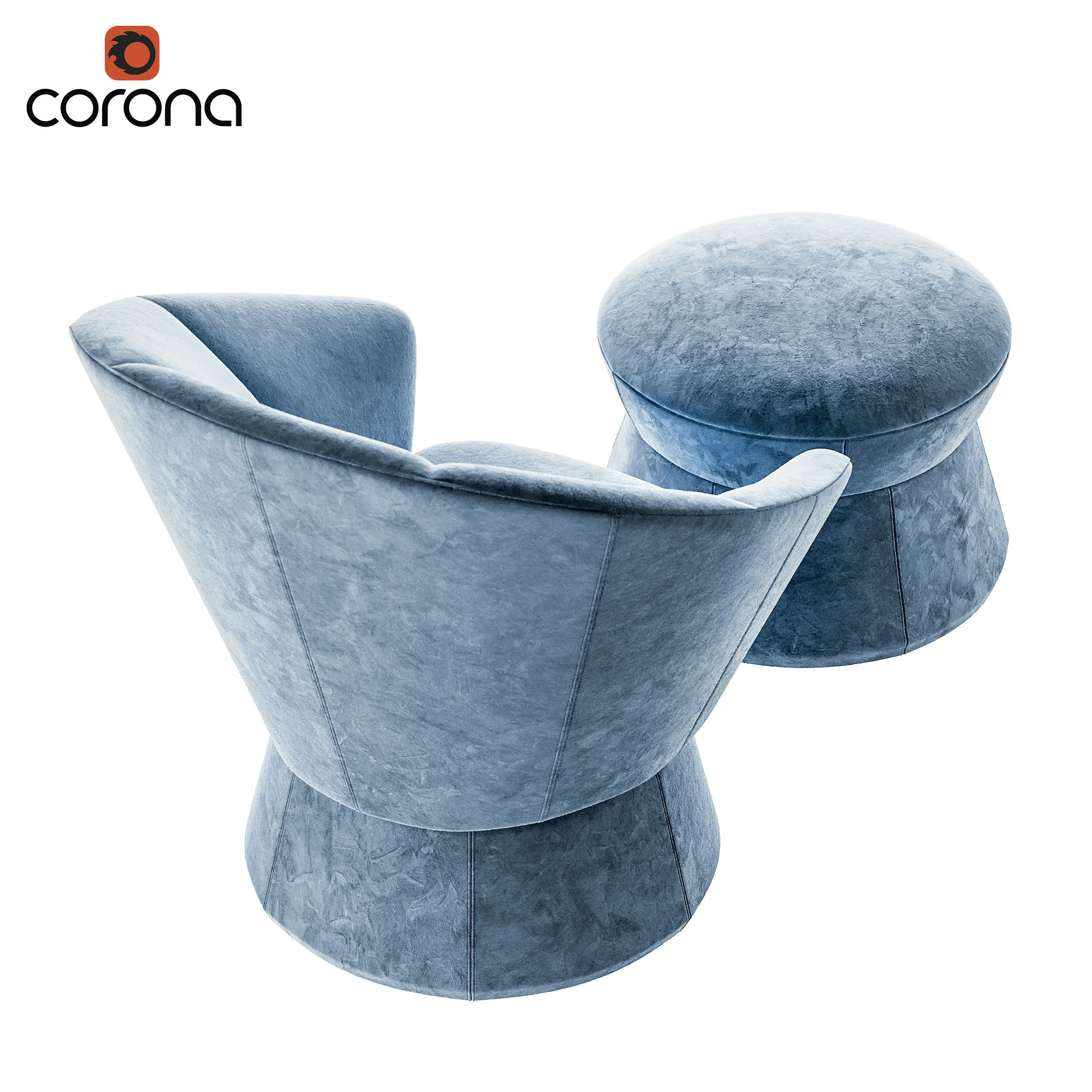 Round suede armchair with round ottoman 3D model_2