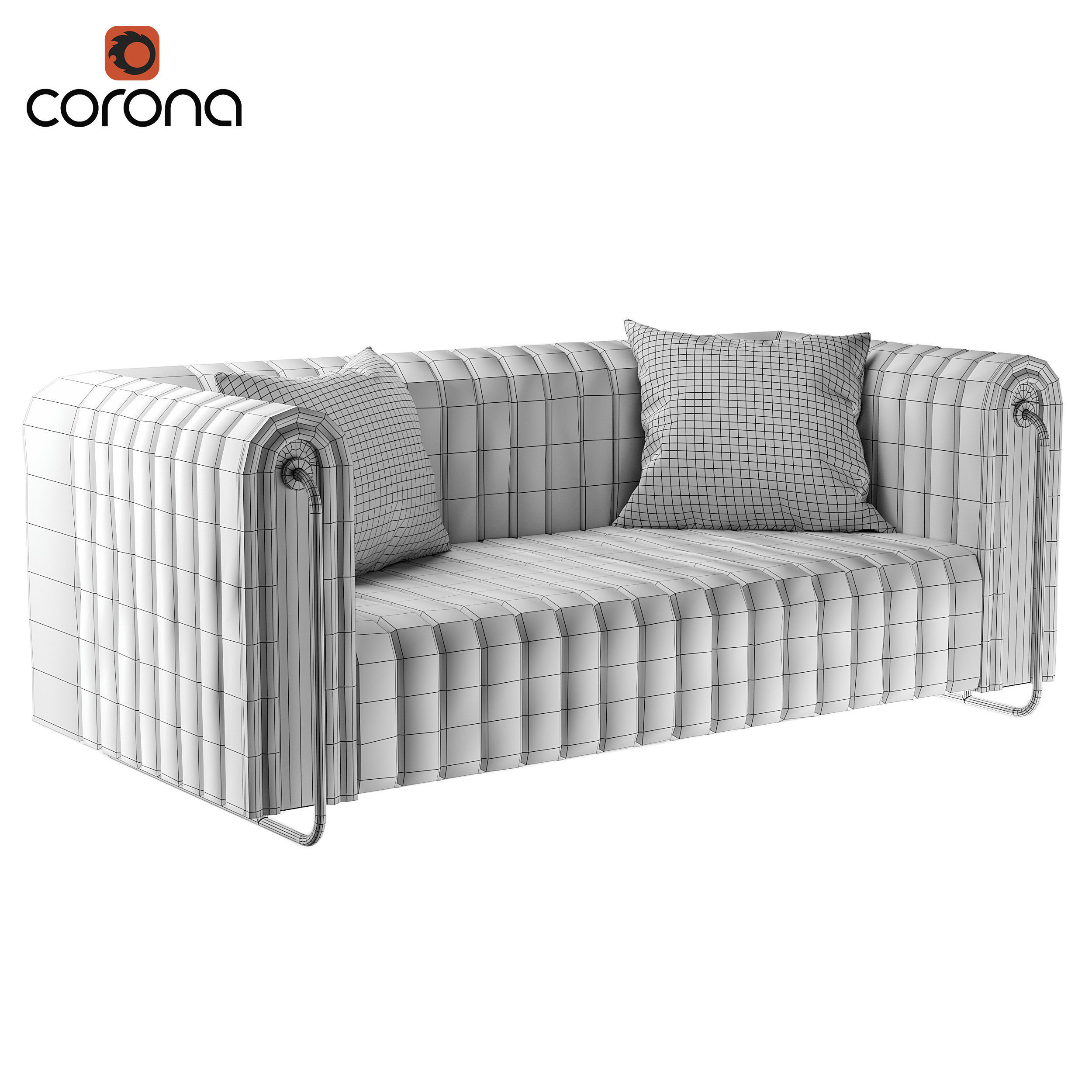 Retro ribbed sofa with metal and wood detail 3D model_1