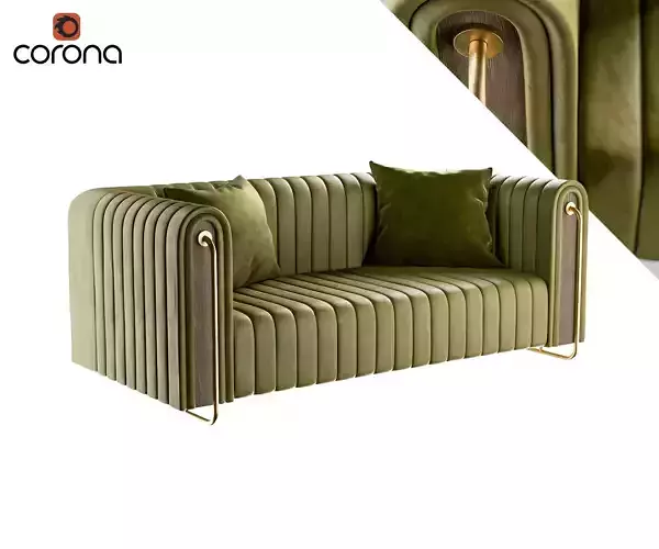 Retro ribbed sofa with metal and wood detail 3D model
