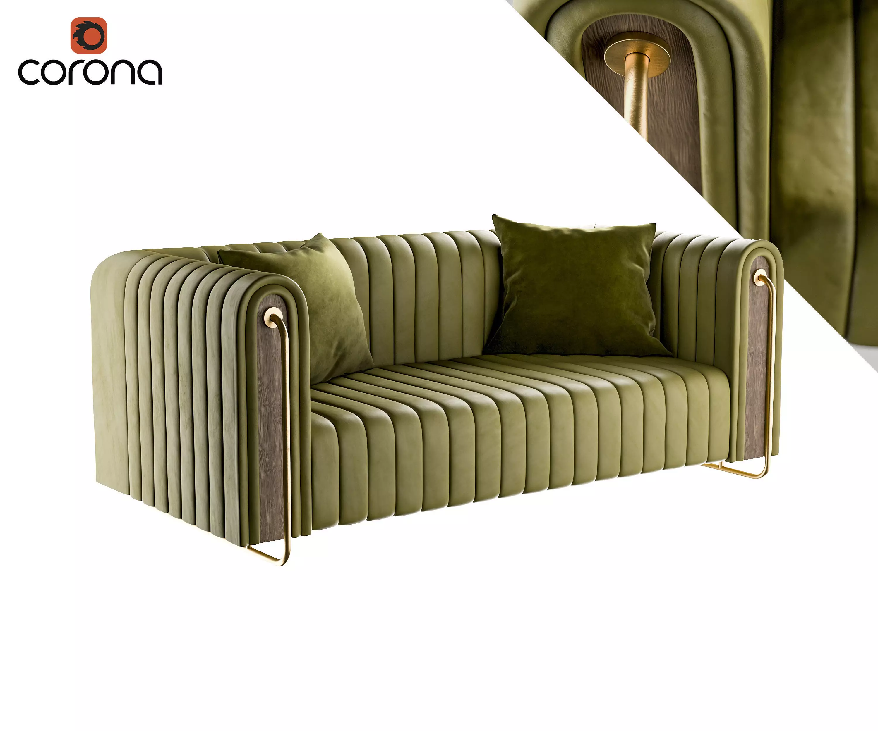 Retro ribbed sofa with metal and wood detail 3D model_0