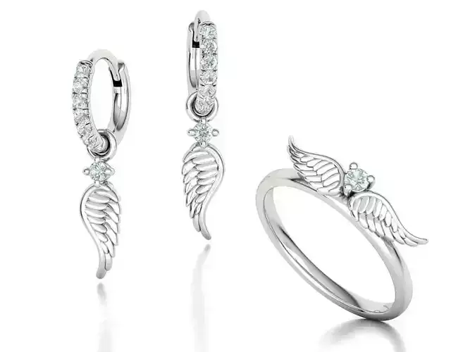 Angel Wings Jewelry Set Ring and Earrings 3dmodels 
