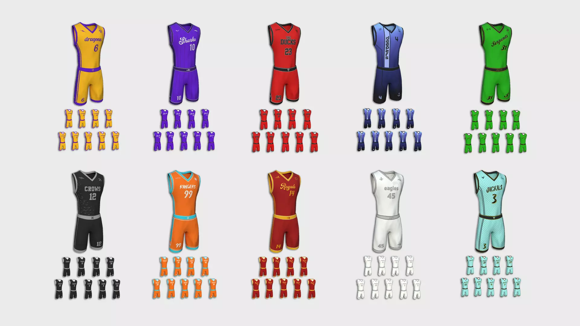 10 Basketball Fantasy Teams Uniforms - Character Design 3D Model Collection_0