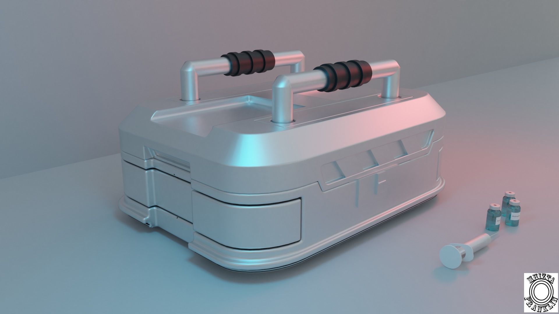A sci-fi box with syringe and vaccines 3D model_1