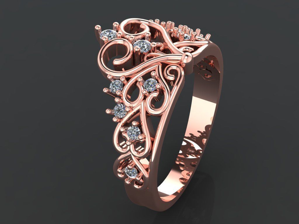 Ring crown 7 hearts and 12 diamonds 3D print model_6