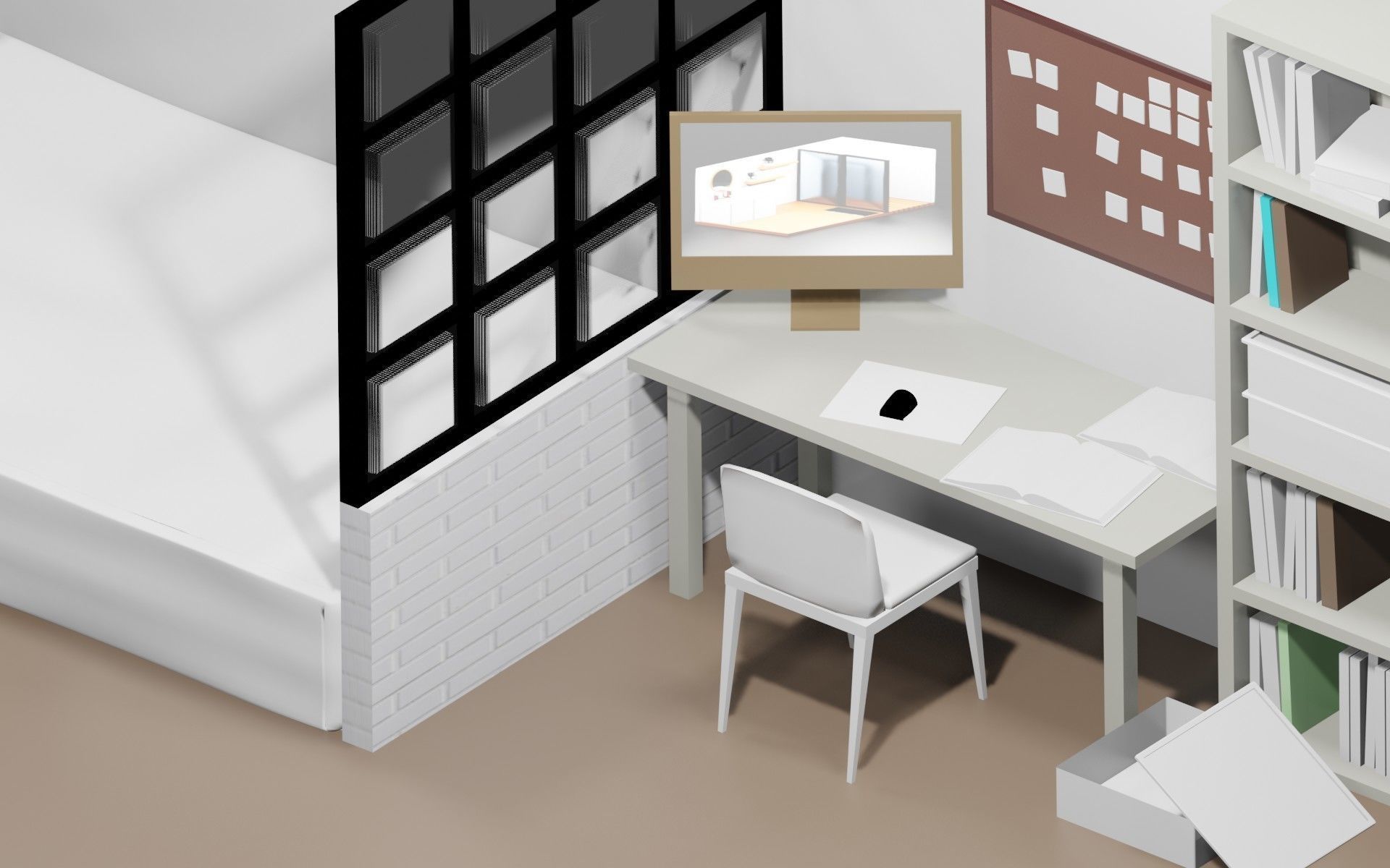 bedroom room with bed and desk Low-poly 3D model_4